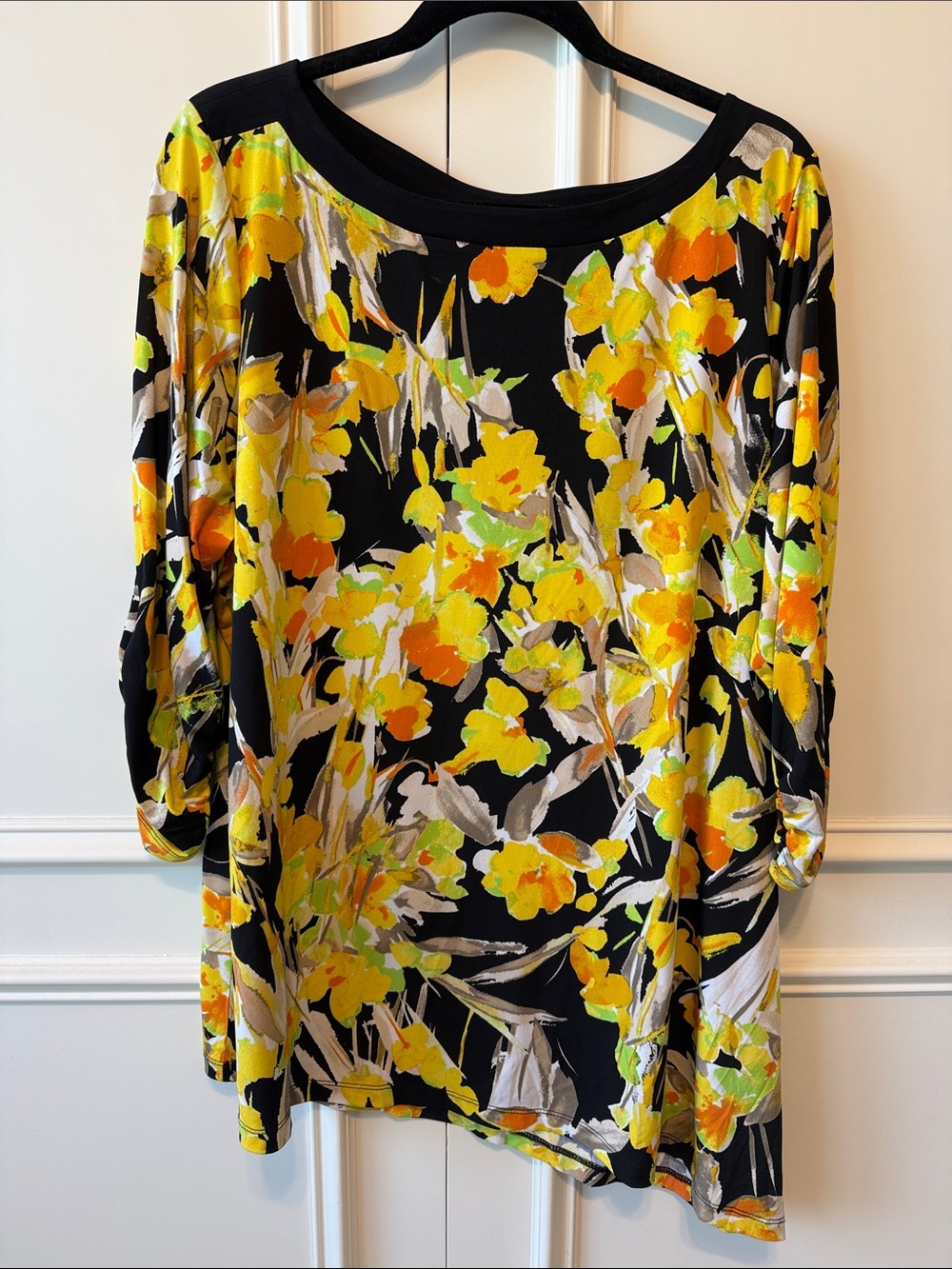 Black Floral Boatneck Women's Top with Yellow & Orange Print A- Line Bottom